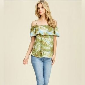 Bom Bom Green Spaghetti Strap Off Shoulder Stretch Top Summer Casual Shirt Sz S